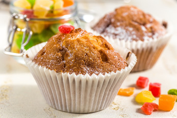 chocolate muffins in paper cupcake holder