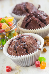 chocolate muffins in paper cupcake holder