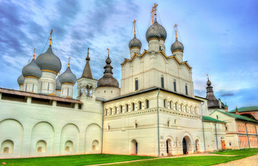 Fototapeta na wymiar Church of the Resurrection of Christ and the Assumption Cathedral at Rostov Kremlin, Yaroslavl oblast, Russia