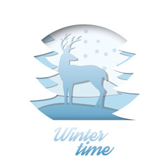 3d abstract paper cut illlustration of deer in the winter forest. Vector colorful postcard template in carving art style