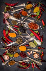 Rolgordijnen Various spices spoons on stone table. Top view . © bukhta79