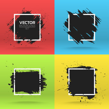 Grunge backgrounds collection. Brush black paint ink stroke over square frame. Vector illustration