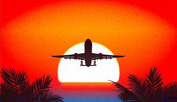 Sunset in tropics, a travel by planes a vector illustration.