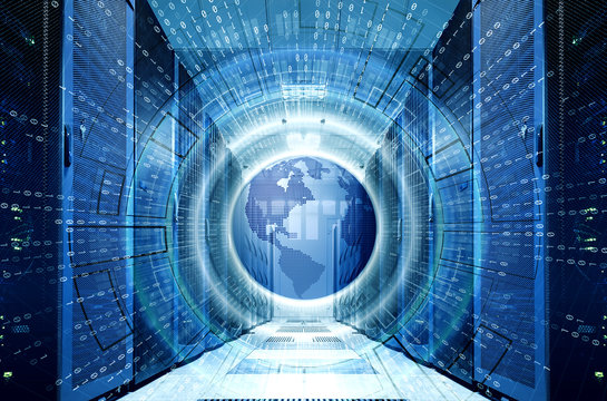 hologram with planet earth and binary code on background symmetrical data center with rows of supercomputers. Big data concept