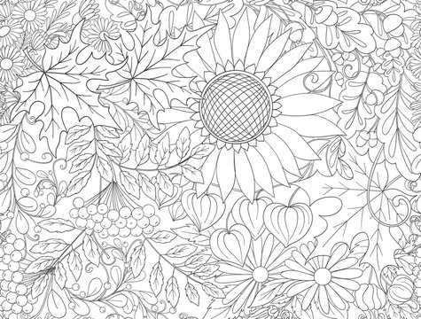 Seamless pattern, background with autumn flowers, leaves and pla