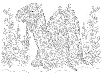 Coloring page of camel sitting among mallow flowers in desert oasis. Freehand sketch drawing for adult antistress coloring book in zentangle style.