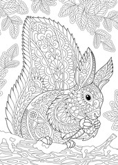 Coloring page of squirrel eating pine cone. Freehand sketch drawing for adult antistress coloring book in zentangle style.