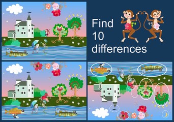 Find differences. Educational game for children. Beautiful picture with castle, fun fish, cheerful monkey and apple-trees.