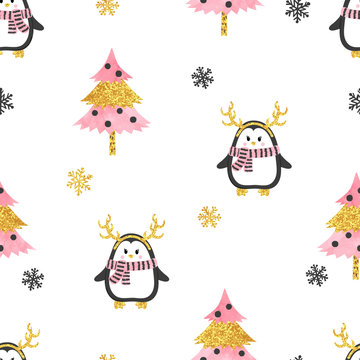 Christmas pattern with cute penguins and christmas trees, Vector holiday seamless background.