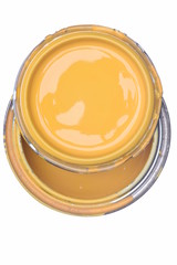 Yellow paint can isolated on white background, directly above