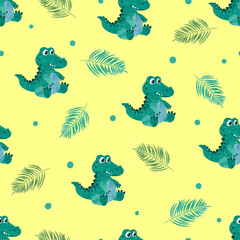 Cute crocodiles on yellow background. Seamless vector pattern for kids.