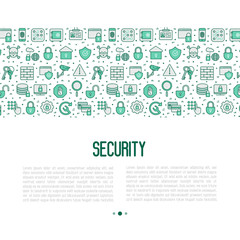 Security and protection concept with thin line icons: data, surveillance camera, finger print, electronic key, password, alarm, safe. Vector illustration for banner, web page, print media.