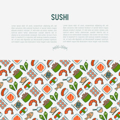 Japanese food concept with thin line icons of sushi, noodles, tea, rolls, shrimp, fish, sake. Vector illustration for banner, web page or print media.