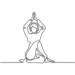 Continuous line drawing. Woman doing exercise in yoga pose. Vector Illustration