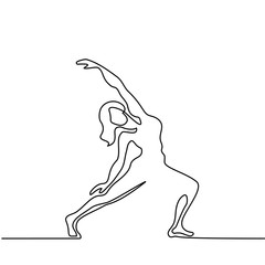 Continuous line drawing. Woman doing exercise in yoga pose. Vector Illustration