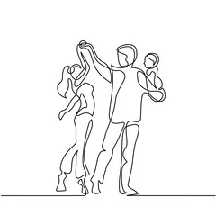 Continuous line drawing. Happy loving couple dancing with baby in hands. Vector illustration