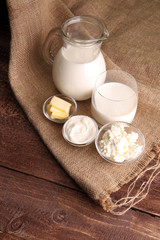 milk products. tasty healthy dairy products on a table