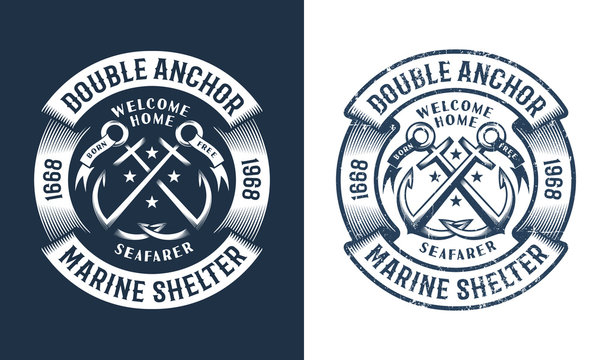 Round nautical logo, tattoo with crossed anchors in vintage style. Worn texture on a separate layer and can be easily disabled.