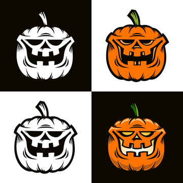 Smiling orange pumpkin is Halloween character in cartoon comic style. Four options - color and black and white. Vector illustration.