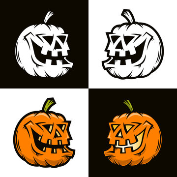 Halloween funny pumpkin in half-turn view - vector character. Color and black and white. 