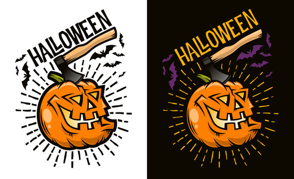 Halloween laughing pumpkin with an ax sticking out of its head - concept for postcard, poster,  invitation. Options for dark and light backgrounds. Vector illustration.