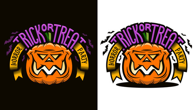 Halloween cartoon emblem - smiling pumpkin jack lantern with inscription Trick-or-treat. Options for dark and light background. Vector illustration.