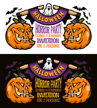 Template of Halloween invitation, postcard, poster - pumpkins jack-o-lantern with axes, retro ribbon, bats and ghost. Options for dark and light backgrounds. Vector illustration.