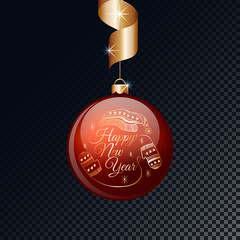 Happy New Year red ball with gold ribbon. Vector illustration.