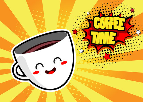 Pop art background with cute coffee mug and speech bubble with Coffee Time text. Vector colorful hand drawn illustration in retro comic style.