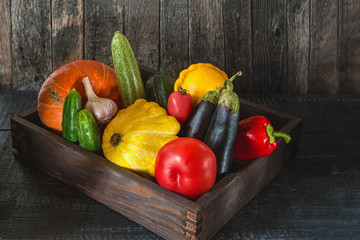 Assorted vegetables, pumpkin, zucchini, eggplant, garlic, green onions, and tomatoes on a wooden background in rustic style for Thanksgiving.