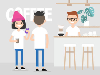 Cozy coffee shop. Modern lifestyle. Young customers in a queue for coffee. Small coffeeshop in a gentrified neighborhood. Hipster urban lifestyle / flat editable vector illustration, clip art.