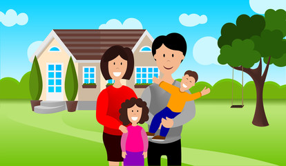 Happy family near their home. Dad, mom, daughter and son. Joyful faces. Family celebration. People of different ages. Swing on a tree. Vector. EPS10.