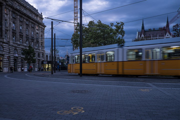 Tram number 2 at night in Kossuth Lajos Square, Budapest