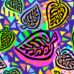 Seamless autumn leaves pattern,trendy print in collage cut out, carve style.Hand drawn doodle texture.