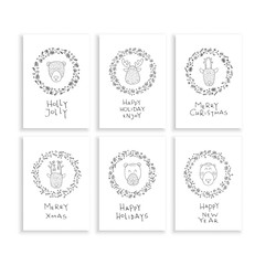 A set of Christmas cards. Vector Christmas wreath with cartoon animals isolated on white background