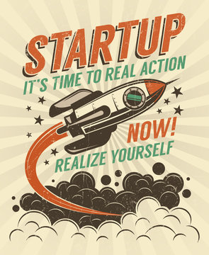 Startup take-off rocket retro poster with vintage colors and grunge effect. Worn texture on separate layer and can be easily disabled.