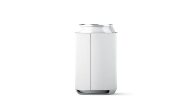 Blank white collapsible beer can koozie mockup isolated, looped rotation, 3d rendering. Empty neoprene cooler holder mock up for tin beverage. Drinkware hugger design template. Fizzy pop soda sleeve.