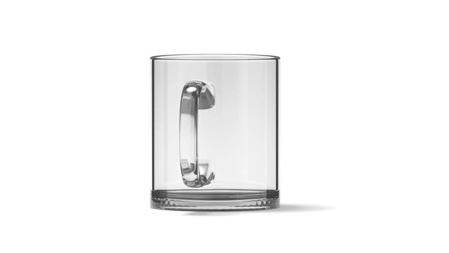 Blank glass tea mug mockup isolated, looped rotation, clipping masks, 3d rendering. Clear 11 oz transparent cup mock up for sublimation printing for branding. Glassy tankard design, front side view.