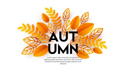 Fall sale background design with colorful paper cut autumn leaves. Vector illustration