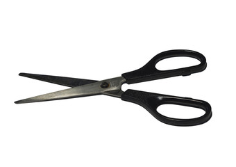 close up black office scissors isolated on white with shadow