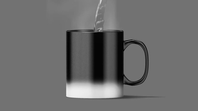 Blank magic mug mockup, black and white color, filling up with hot boiling water, 3d rendering. Clear magical heat sensitive coffee cup mock up with all nessesary masks. Morphing tea pot activation.