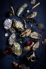 Arrangement of fresh oysters on blue countertop.