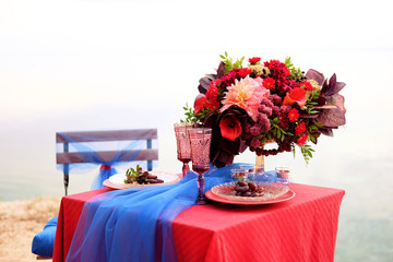 Dinner for two. Romantic table setting for a couple of lovers.