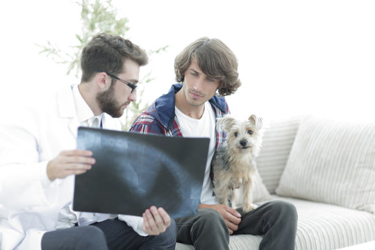 veterinarian showing an x-ray to the owner of the dog.