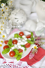 Obraz na płótnie Canvas salad with caprese. Italian cuisine. classical italian recipes. ceramic tableware. In white colors