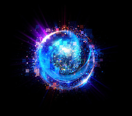 Abstract background. Elegant glowing circle. Light ring. Atoms and electrons. Physics concept. Sparking particle. Space tunnel. Colorful ellipse. Glint sphere. Bright border. Energy ball.