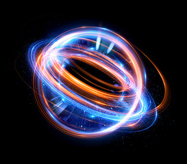 Abstract background. Elegant glowing circle. Light ring. Atoms and electrons. Sparking particle. .Colorful ellipse. Glint sphere. Bright border. Energy ball. Physics concept.