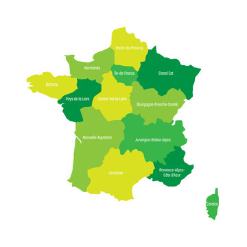Map of France divided into 13 administrative metropolitan regions, since 2016. Four shades of green. Vector illustration.