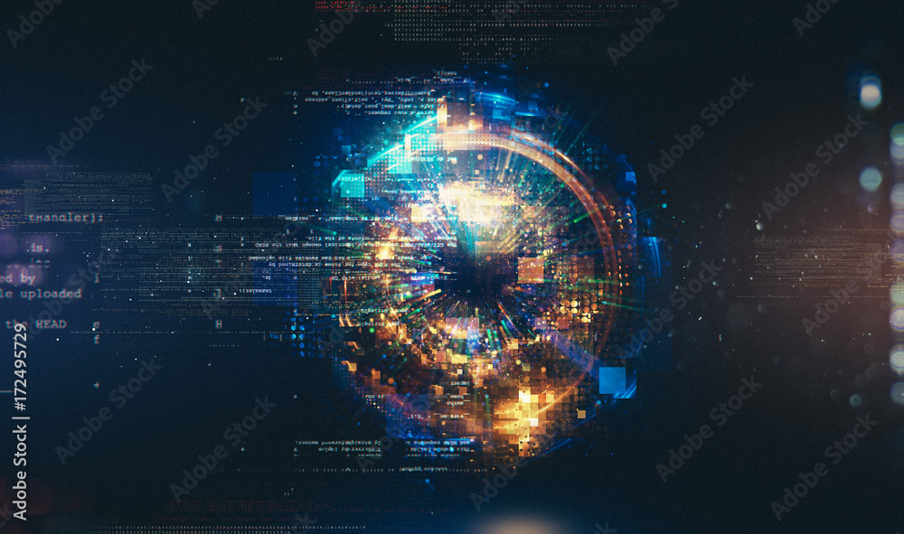 Wall mural abstract background. 3d atom model. elegant glowing circle. light ring. sparking particle. space tun