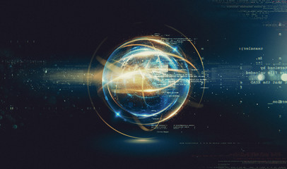 Obraz premium Abstract background. 3d atom model. Elegant glowing circle. Light ring. Sparking particle. Space tunnel. Colorful ellipse. Glint sphere. Magic portal. Energy ball. 